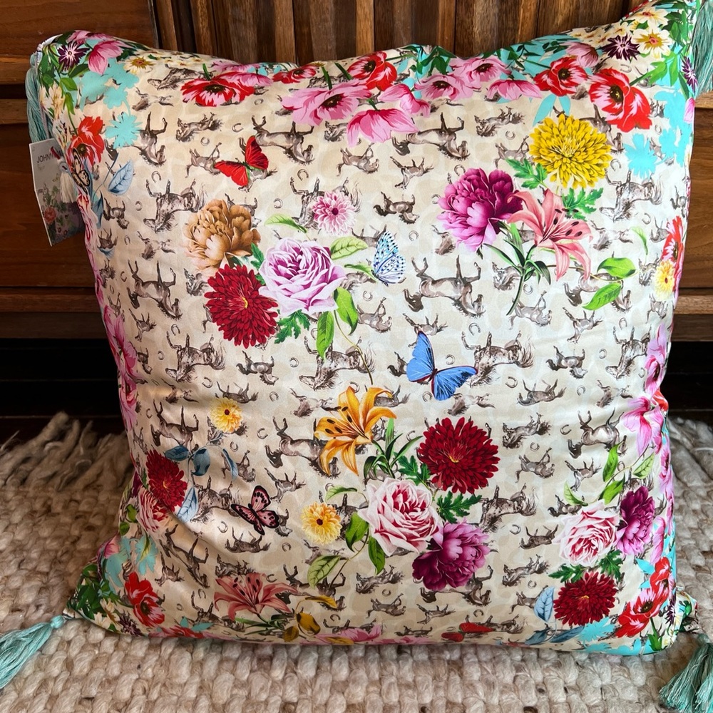 Johnny Was Lace Garden Silk Charmeuse Tassel Throw Pillow Floral Horses Mixe